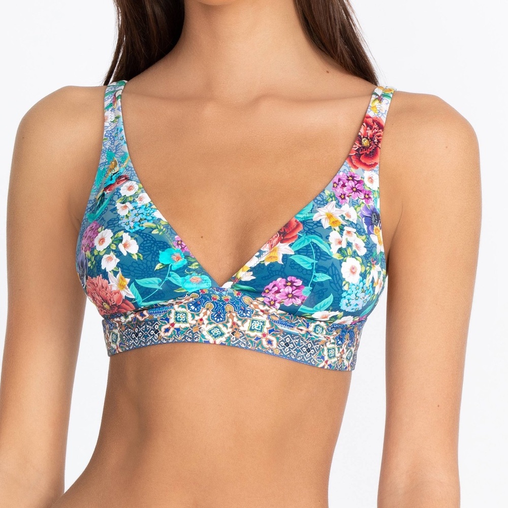 NWT Johnny Was Sunset Adjustable Bikini Top Floral Blue Multi Size Medium Clasp